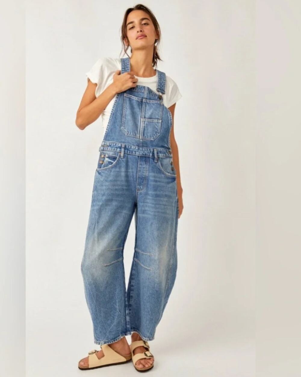 Free People Good Luck Overalls M NWOT Denim Boho Western Wide Barrel Leg